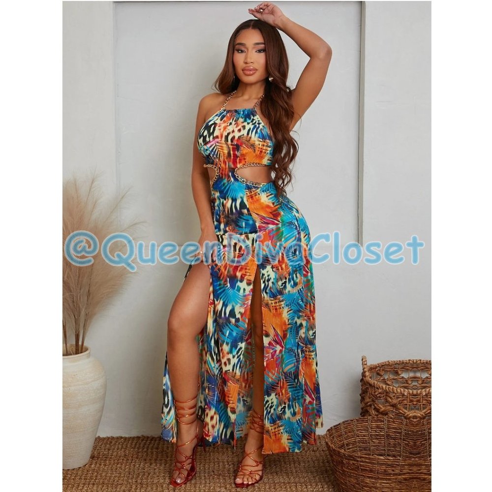 SEXY AQUA BLUE ORANGE TROPICAL ANIMAL PRINT CUT OUT SLIT HALTER DRESS L 8/10 - Picture 6 of 9